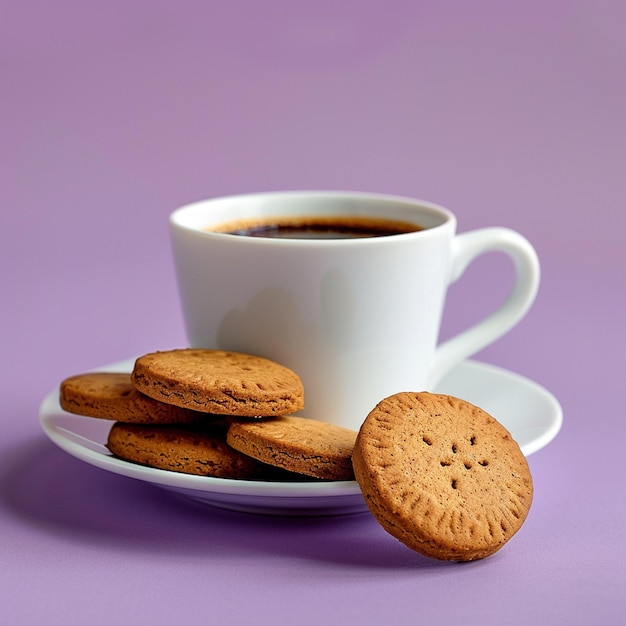 Photo a cup of coffee and cookies on a plate with a cup of coffee