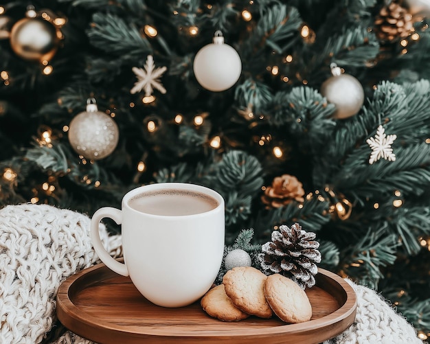 Photo a cup of coffee and cookies sit on a tray next to a christmas tree