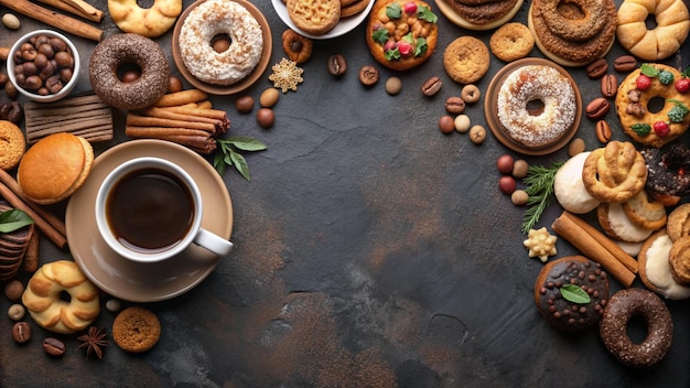 a cup of coffee and cookies with a cup of coffee on a black background