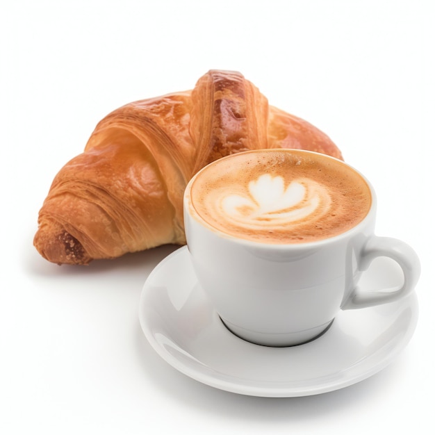 A cup of coffee and a croissant are on a white plate.