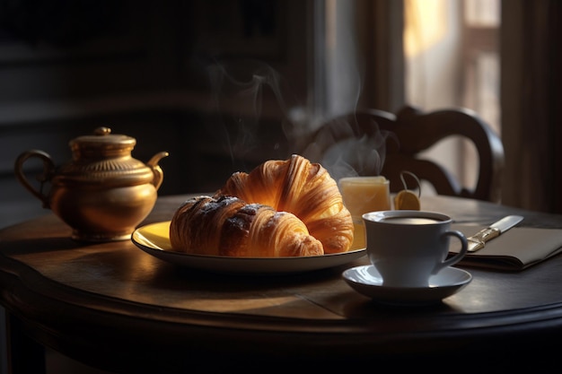 A cup of coffee and a croissant on a table with a cup of coffee.