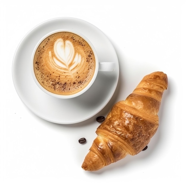 A cup of coffee and a croissant on a white table