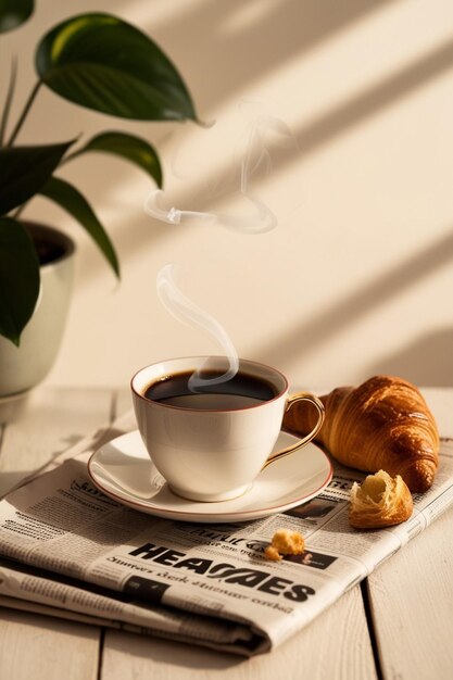 a cup of coffee and croissants on a newspaper