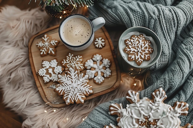 Photo a cup of coffee and a cup of coffee are on a wooden tray