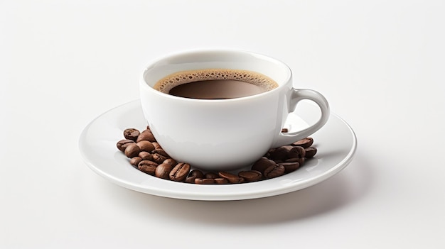 A cup of coffee and a cup of coffee on a saucer with coffee beans.