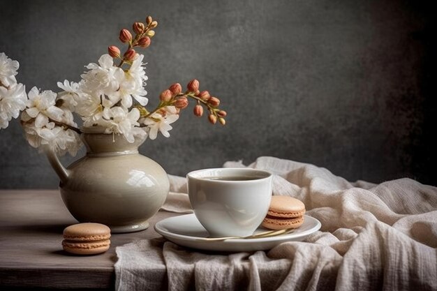 A cup of coffee and a cup of coffee on a table with a beige cloth.