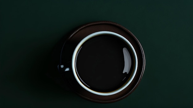 Cup of coffee on a dark green background top view