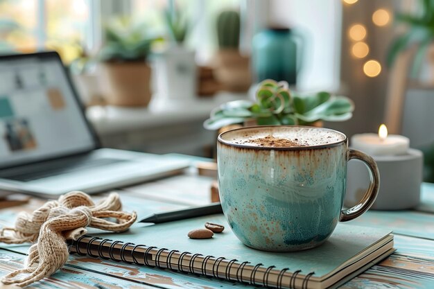 A cup of coffee on a desk with a notebook and laptop in a cozy home office