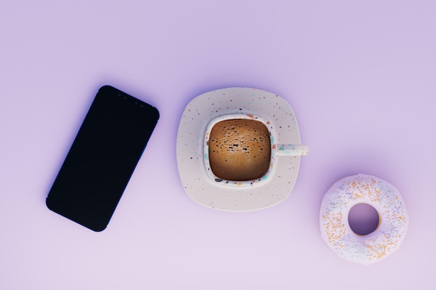 A cup of coffee and a donut next to the smartphone on a white background 3D render