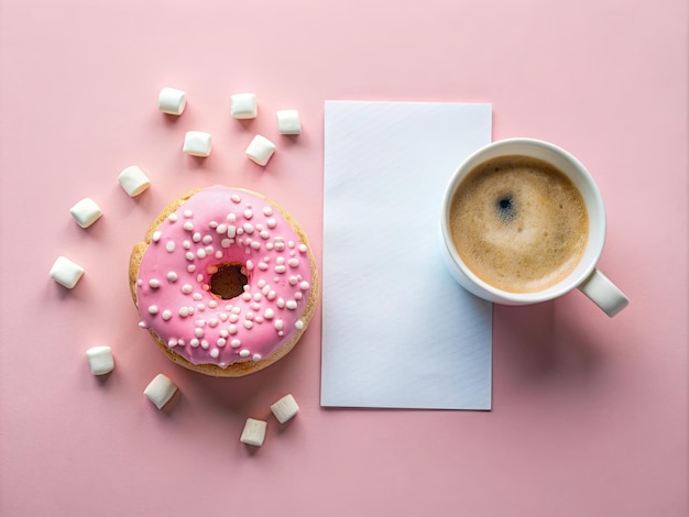 Photo a cup of coffee and a donut with pink icing and sprinkles on top of it