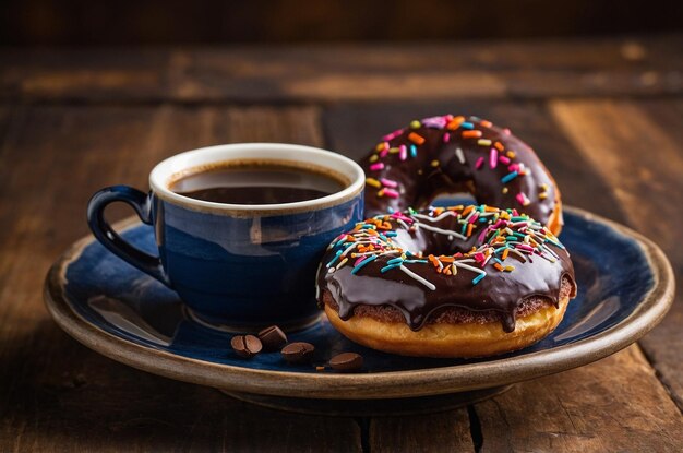 Photo a cup of coffee next to a donut with sprinkles on it