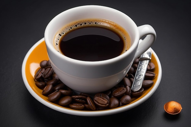 A cup of coffee espresso on black background with coffee capsule