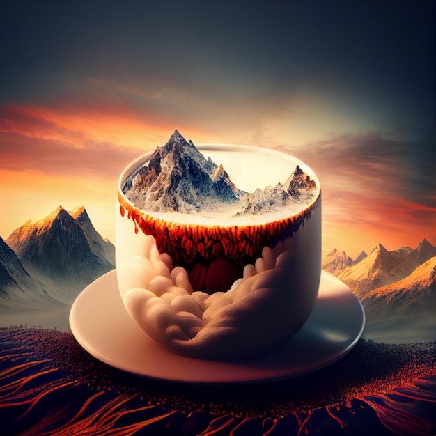 a cup of coffee filled with snowing mountain and sunset