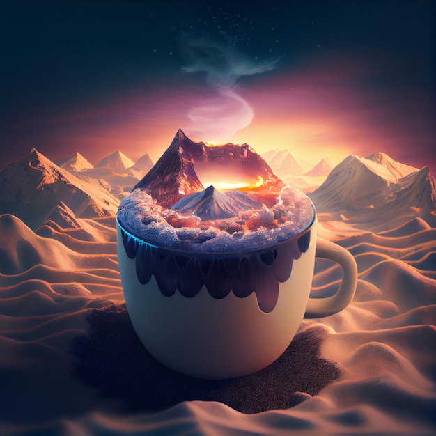 a cup of coffee filled with snowing mountain and sunset