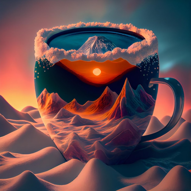 a cup of coffee filled with snowing mountain and sunset