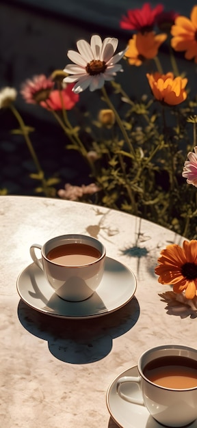 A cup of coffee and a flower on a table