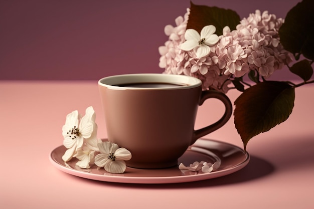 A cup of coffee and flowers on a pink background