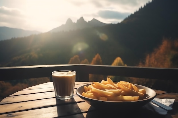 Cup of coffee and french fries beans dynamic background