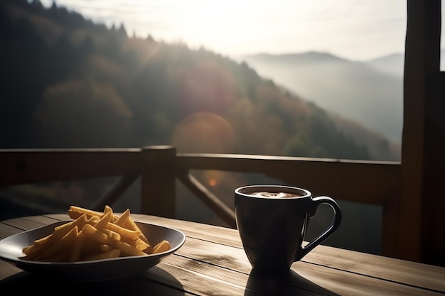 Cup of coffee and french fries beans dynamic background