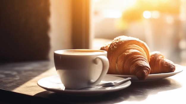 A cup of coffee and fresh croissant