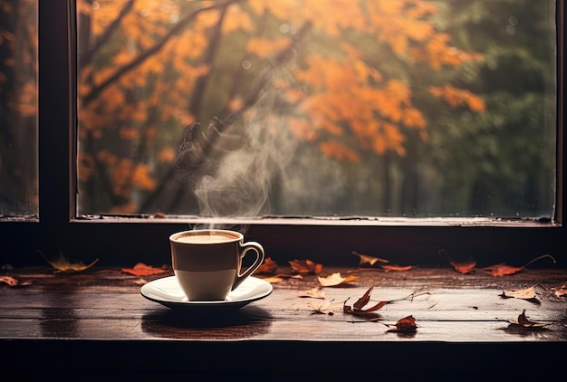 a cup of coffee in front of window with fall foliage against a wooden table