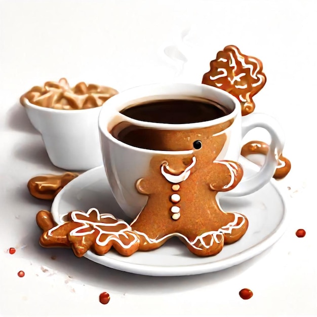 Photo a cup of coffee and a gingerbread man on a plate