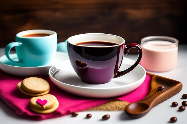 A cup of coffee and a glass of milk are on a table with a pink plate and a glass of milk.