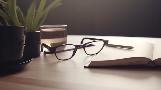 A cup of coffee and glasses on a desk with a book and a pen.