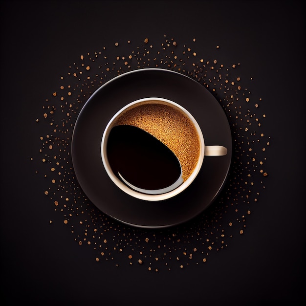 Cup of coffee on gold black background Top View