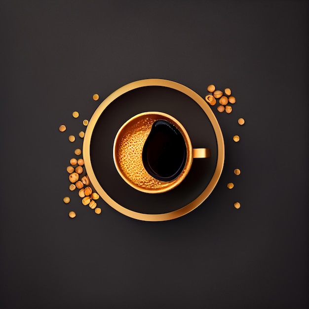 Cup of coffee on gold black background Top View