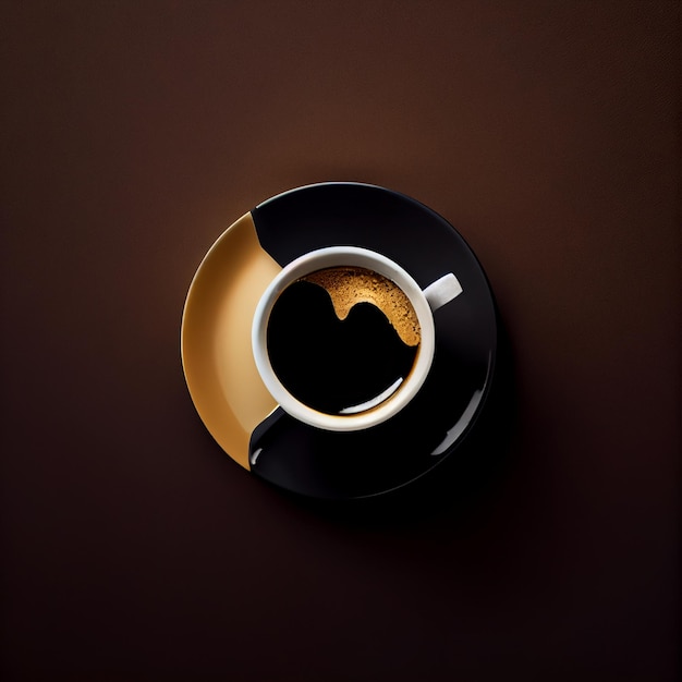 Cup of coffee on gold black background Top View