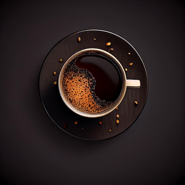 Cup of coffee on gold black background Top View