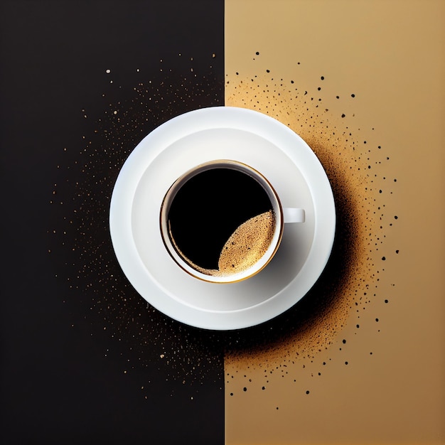 Cup of coffee on gold black background Top View