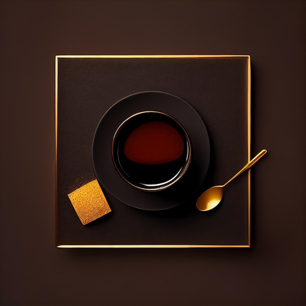 Cup of coffee on gold black background Top View