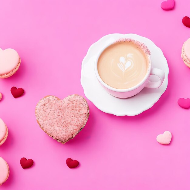 a cup of coffee and a heart shaped cookie on a pink background