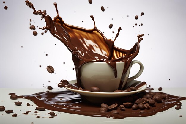 A cup of coffee is being poured into a cup with a splash of chocolate