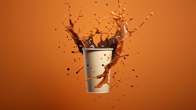 a cup of coffee is being splashed with orange liquid