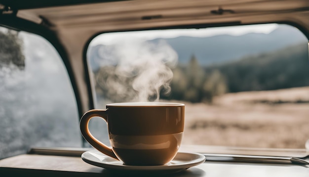 a cup of coffee is on a plate in front of a car window