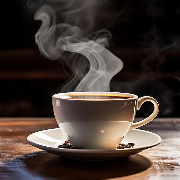 a cup of coffee is on a saucer with steam coming out of it international coffee day concept