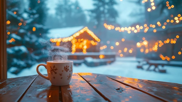 Photo a cup of coffee is sitting on a table in front of a house with lights on