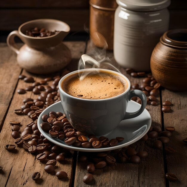 a cup of coffee is on a table with coffee beans