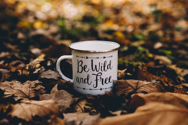 Cup of coffee isolated in the middle of the ground in an autumn forest with fallen leaves background