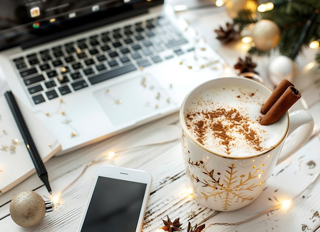 Photo a cup of coffee next to a laptop and a phone