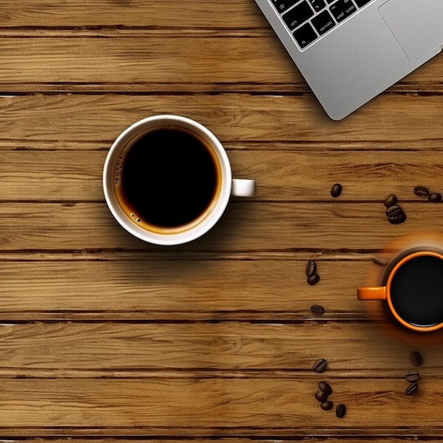 a cup of coffee and a laptop on a wooden table.