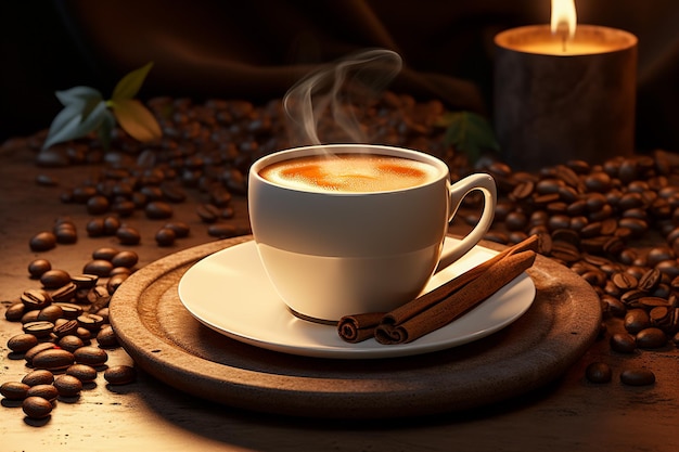 Cup of coffee latte with heart shape and coffee beans on old wooden background