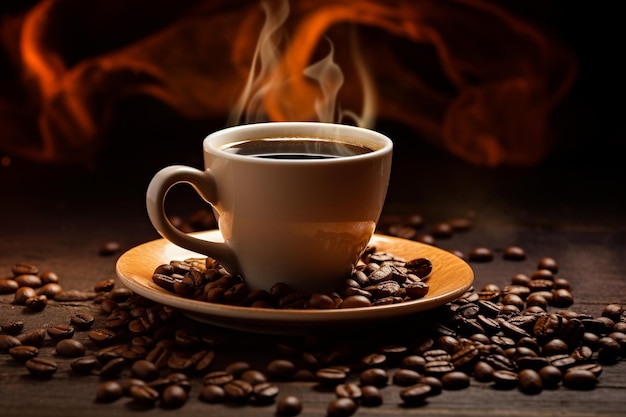 Cup of coffee latte with heart shape and coffee beans on old wooden background