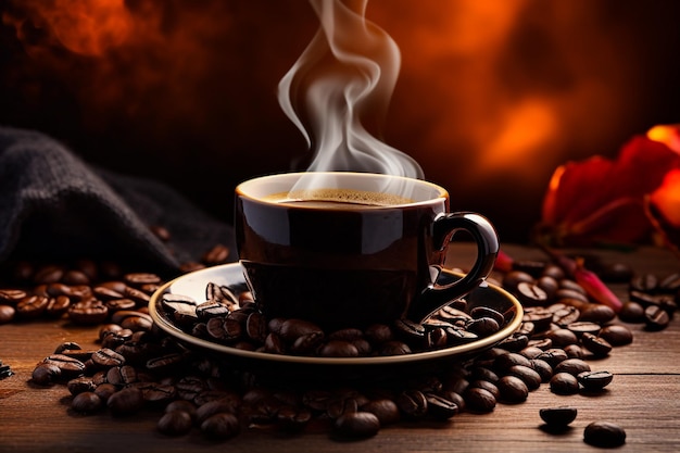 Cup of coffee latte with heart shape and coffee beans on old wooden background