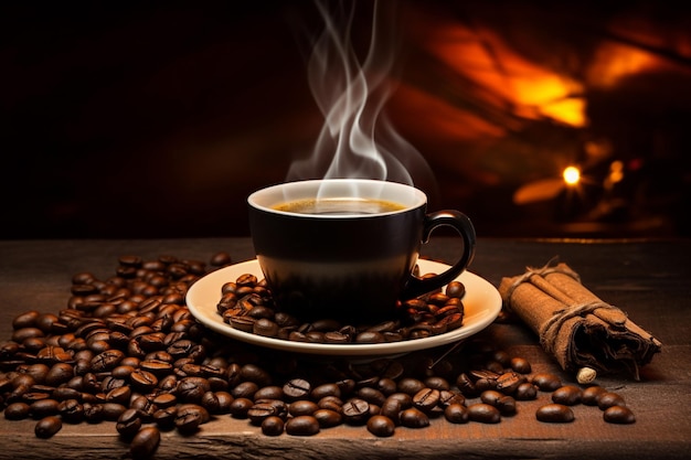 Cup of coffee latte with heart shape and coffee beans on old wooden background