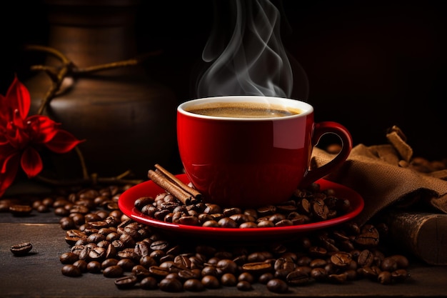 Cup of coffee latte with heart shape and coffee beans on old wooden background