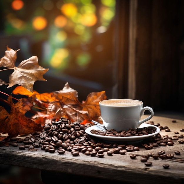 a cup of coffee and a leaf on a table